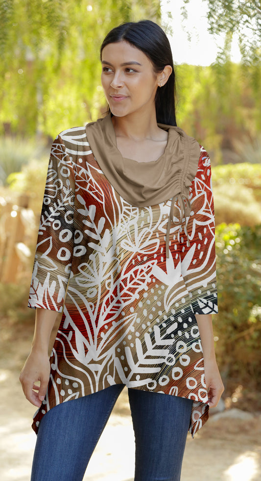 Unique Collar Tunic-Beige Leaves