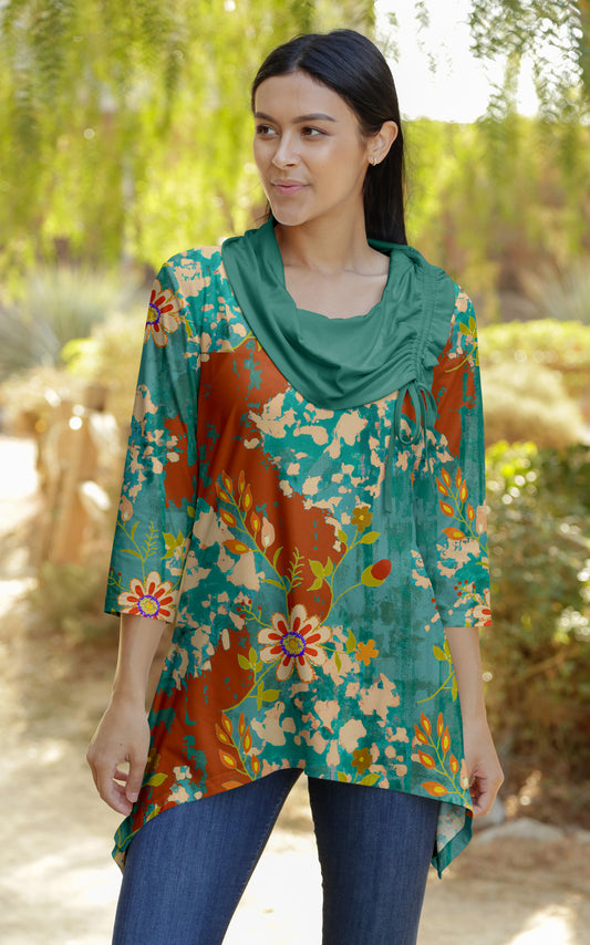 Unique Collar Tunic-Teal Green Multi