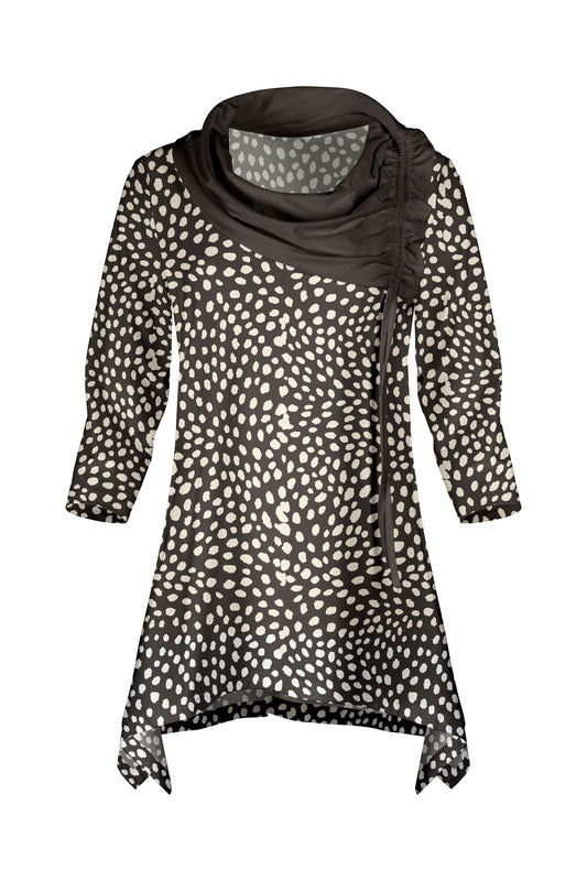 Bold Contrast Collar Tunic-Chocolate Brown Dots