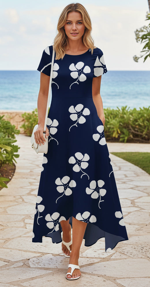 Handkerchief Hem Maxi Dress-Navy White Floral