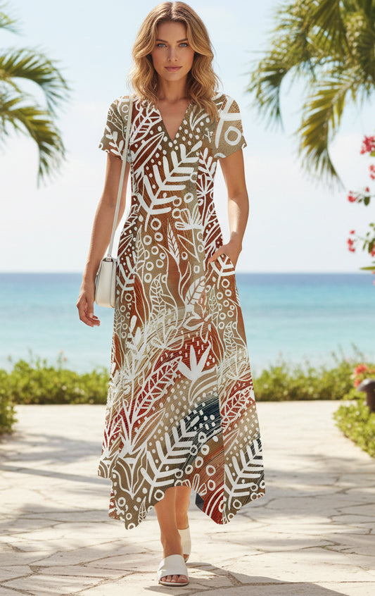 Handkerchief Hem Maxi Dress-Beige White Boho Print