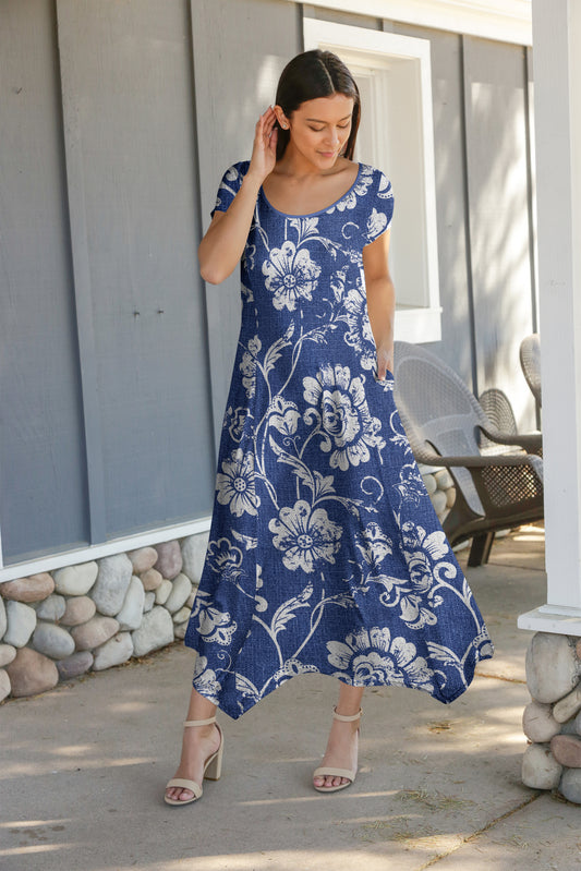 Beautiful Printed Women's Maxi Dress-M20180072 Blue White Vintage