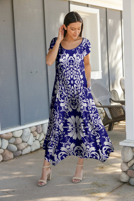 Beautiful Printed Women's Maxi Dress-M20180072-2 Blue White Boho