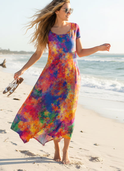 Handkerchief Hem Maxi Dress-Yellow Multi Colors Tie-Dye