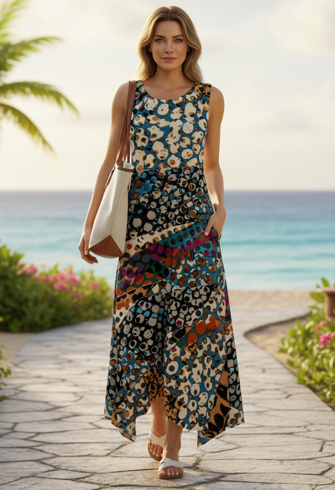 Bold Print Handkerchief Maxi Dress-Teal Red Multi