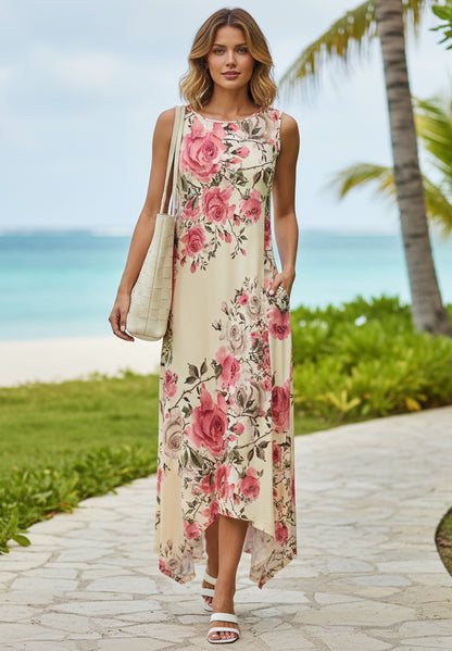 Bold Print Handkerchief Maxi Dress-Teal Red Multi