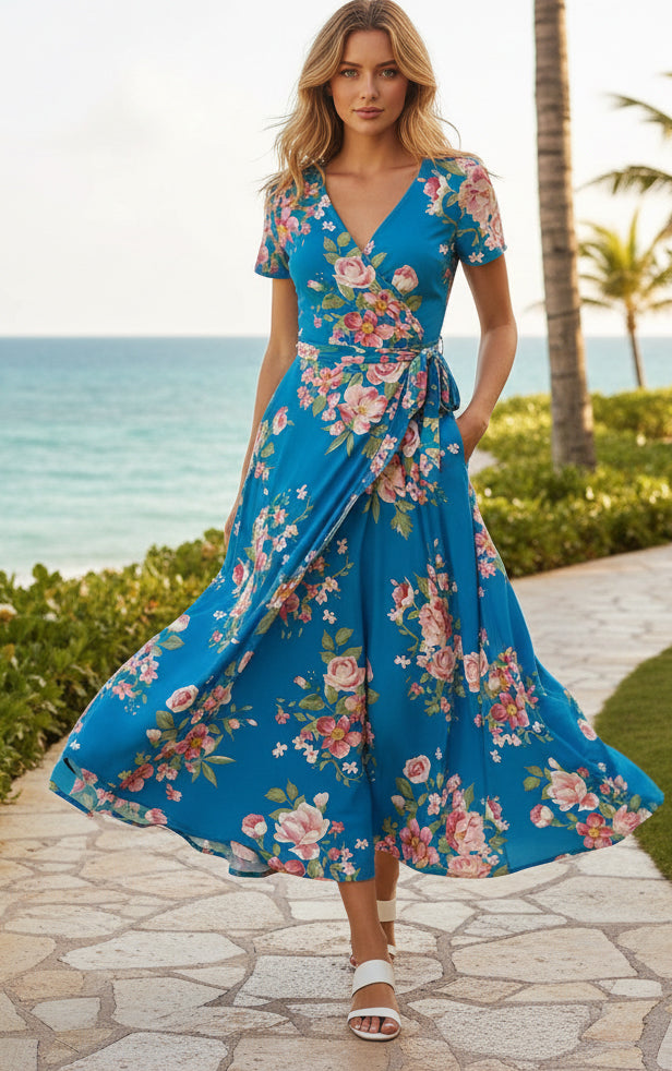 Bold Print Wrap Maxi Dress-Blue White Floral