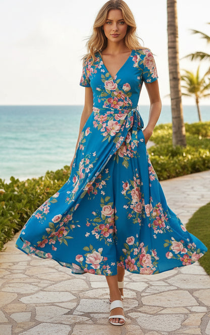 Bold Print Wrap Maxi Dress-Blue White Floral