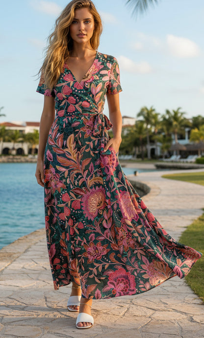 Bold Print Wrap Maxi Dress-Green-Black Gold Boho Pattern