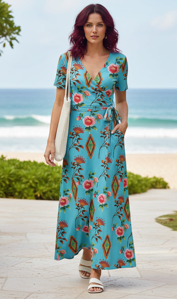 Bold Print Wrap Maxi Dress-Teal Blue Multi