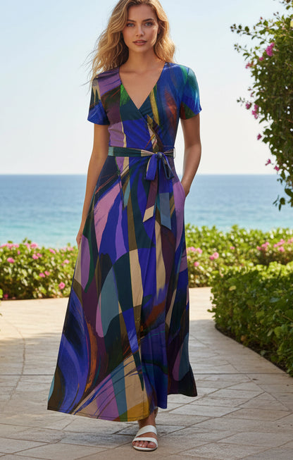 Bold Print Wrap Maxi Dress-Teal Blue Multi