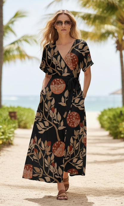 Bold Print Wrap Maxi Dress-Green-Black Gold Boho Pattern