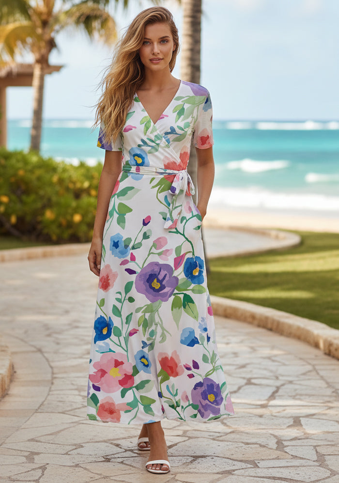 Bold Print Wrap Maxi Dress-Teal Blue Multi