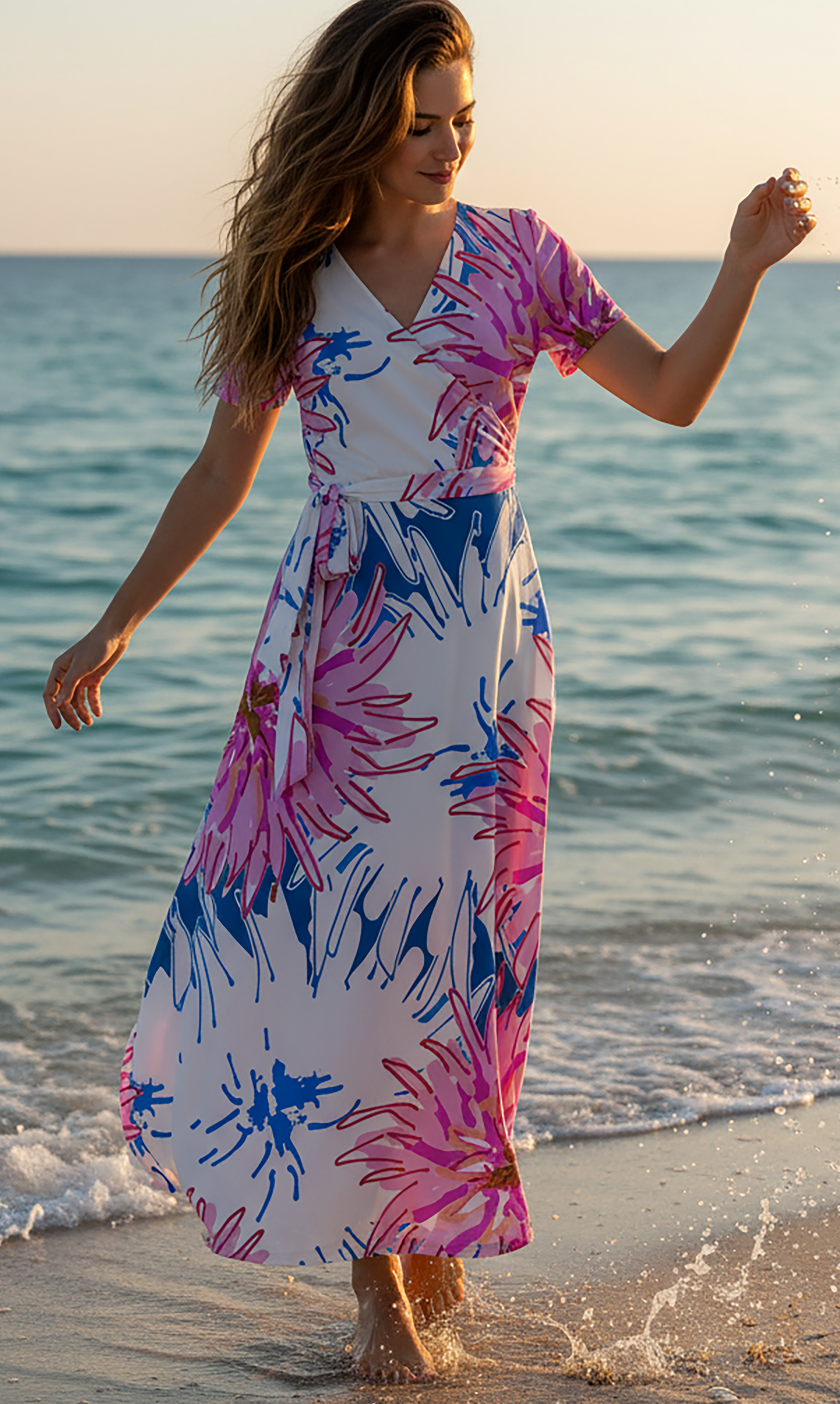 Bold Print Wrap Maxi Dress-Blue White Floral