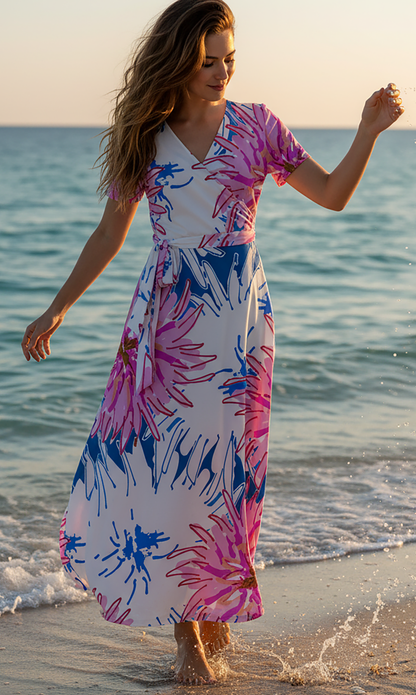 Bold Print Wrap Maxi Dress-Blue White Floral