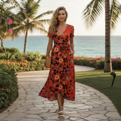 Bold Print Wrap Maxi Dress-Green-Black Gold Boho Pattern