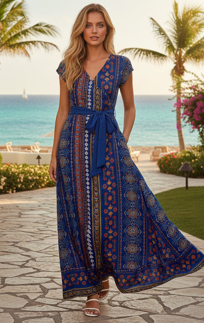 Bold Print Wrap Maxi Dress-Green-Black Gold Boho Pattern