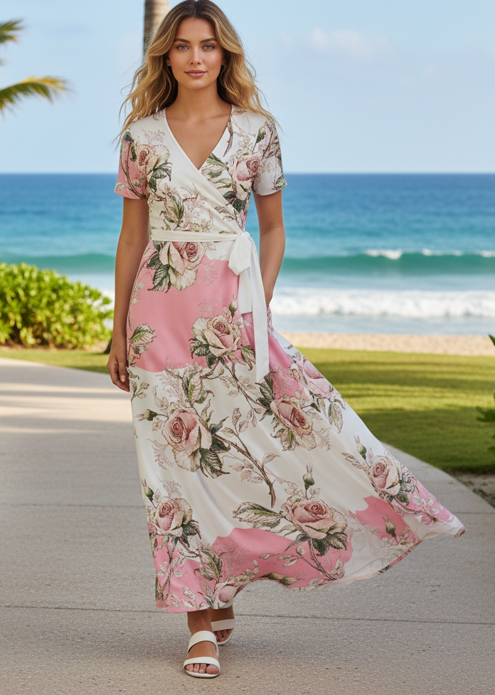 Bold Print Wrap Maxi Dress-Green-Black Gold Boho Pattern