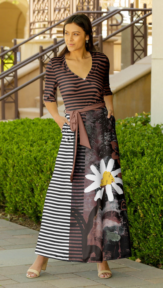 Resort-Ready Maxi Dress with Beautiful Prints-M20180073-2 Brown Black Strip Boho Floral
