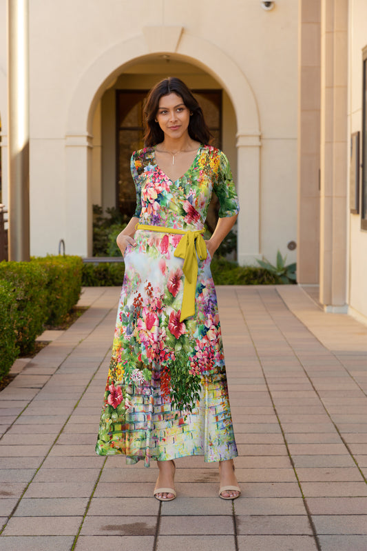 Elegant Print Maxi Dress with Waist Tie-Yellow Multi