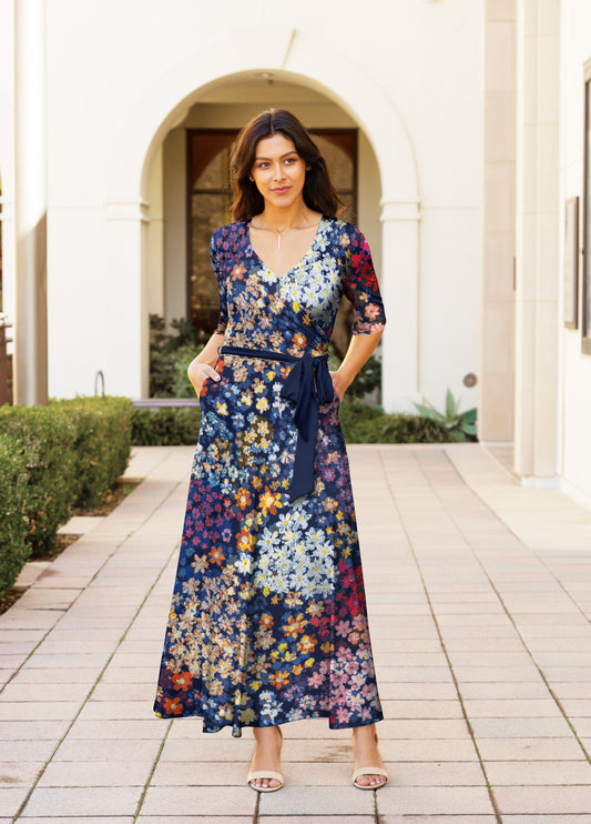 Elegant Print Maxi Dress with Waist Tie-Blue Multi Floral
