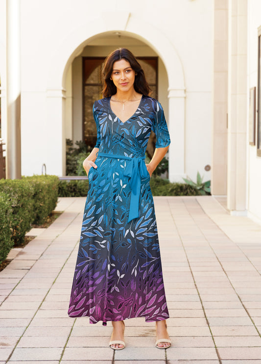 Elegant Print Maxi Dress with Waist Tie-Blue Purple Gradien