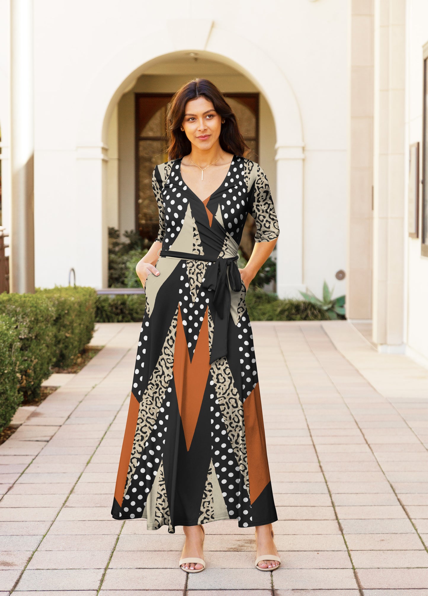 Elegant Print Maxi Dress with Waist Tie-Yellow Black Turquoise Abstract