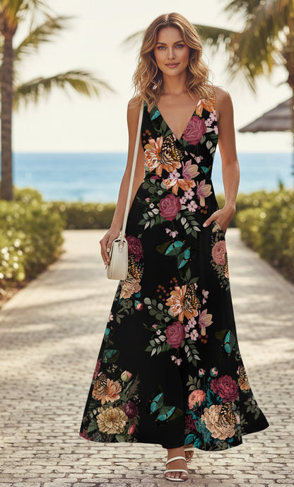 Sleeveless V-Neck Wrap Maxi Dress with Waist Tie-Black Red Floral Print