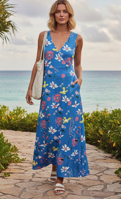 Bold Print Sleeveless Wrap Maxi Dress-Brown-Beige Gradien