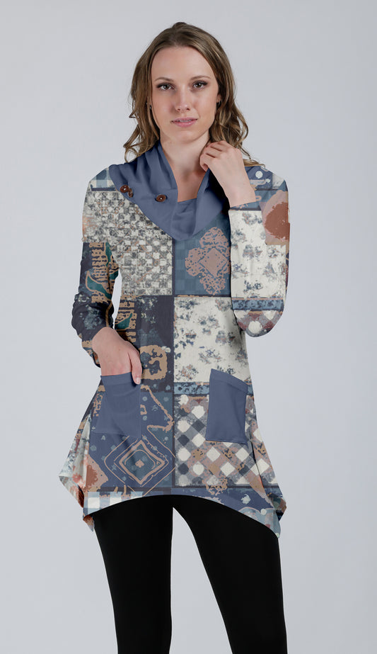Unique Cowl-Neck Pocket Tunic-Blue Multi