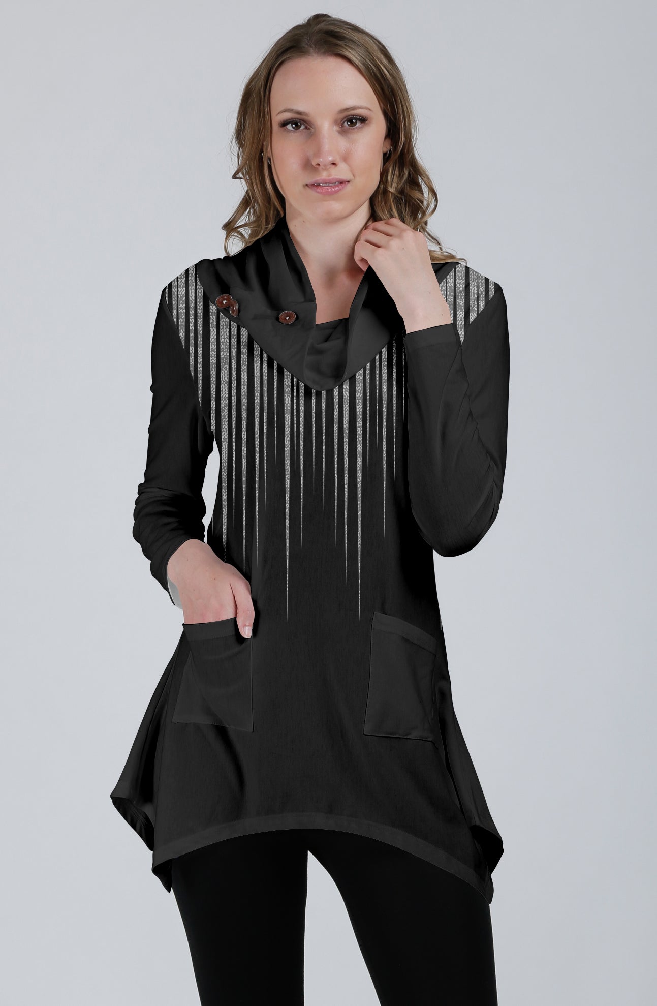 Unique Cowl-Neck Pocket Tunic-Black Grey