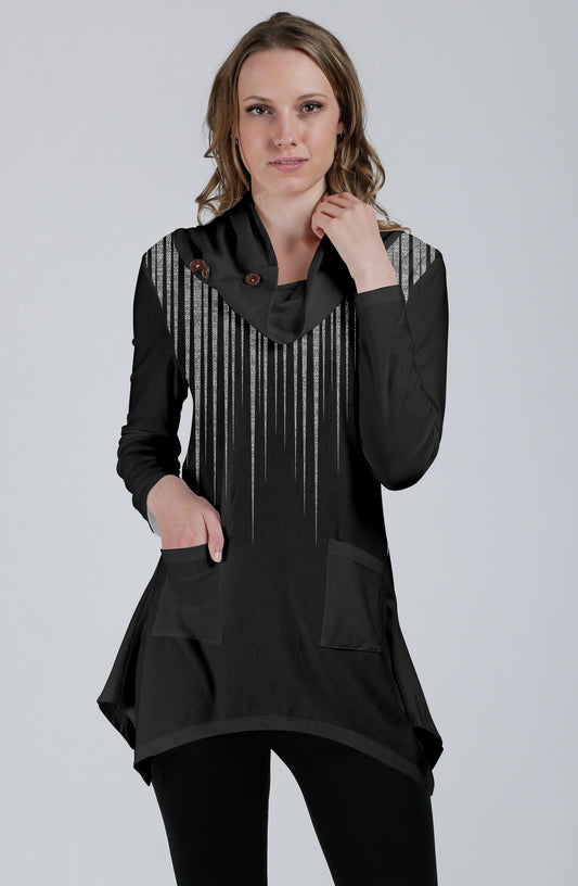 Unique Cowl-Neck Pocket Tunic-Black Grey