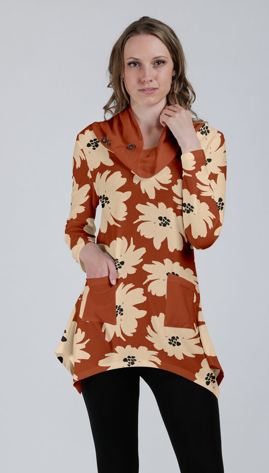 Unique Cowl-Neck Pocket Tunic-Rust Yellow