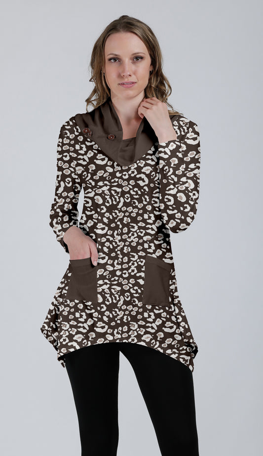 Unique Cowl-Neck Pocket Tunic-Brown White