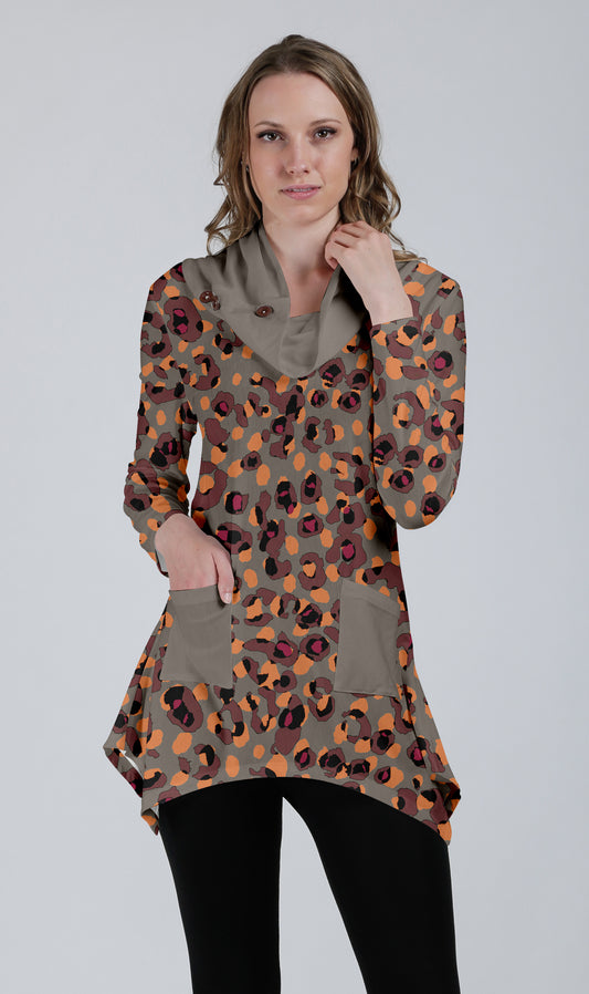 Unique Cowl-Neck Pocket Tunic-Beige Orange