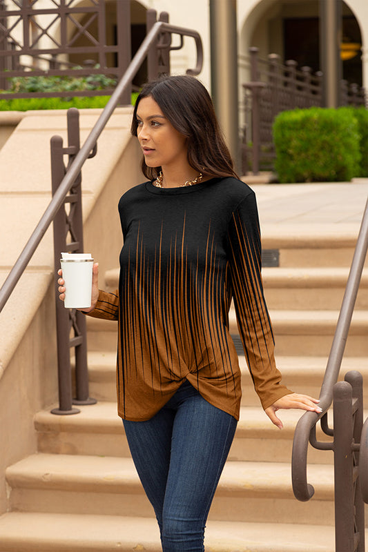 Twist Hem Long Sleeve Tunic-Black Brown