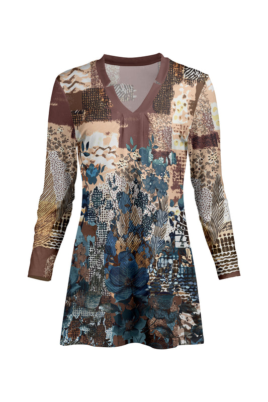 Classic V-Collar Gathered Tunic-Blue Multi