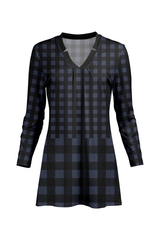 Classic V-Collar Gathered Tunic-Navy Black Plaids