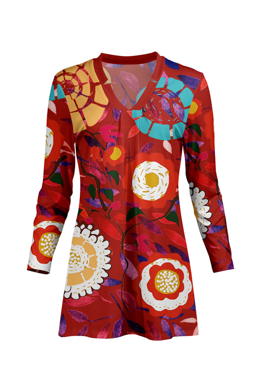 Classic V-Collar Gathered Tunic-Red Black Multi