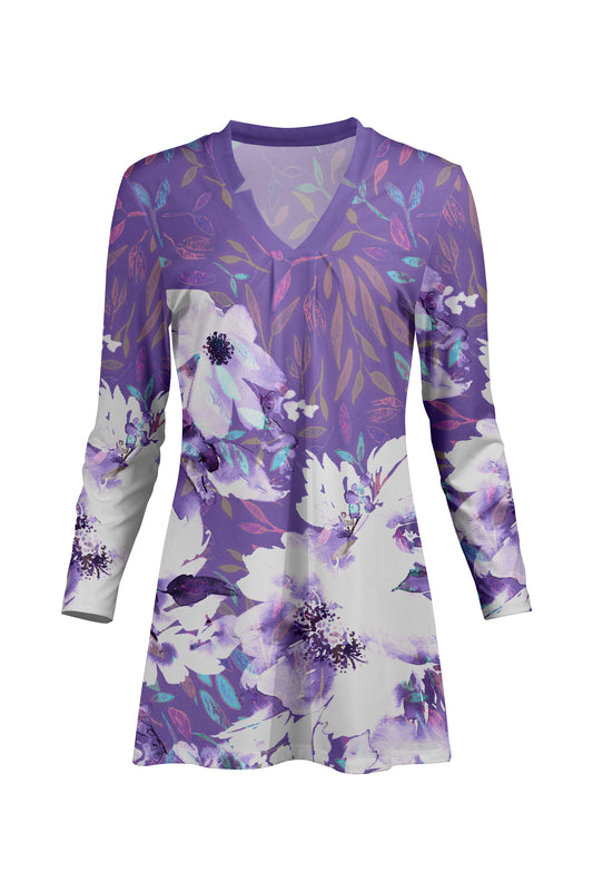 Classic V-Collar Gathered Tunic-Purple Floral