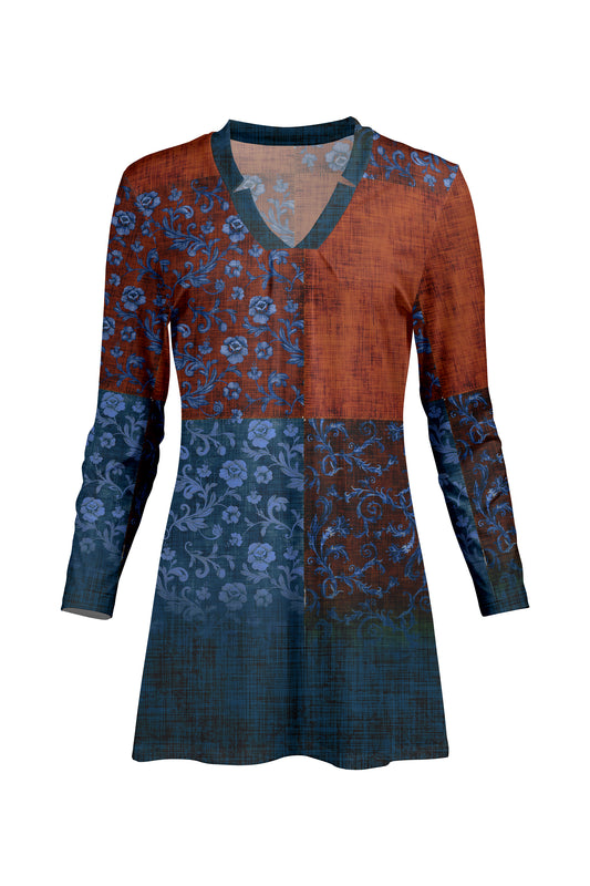 Classic V-Collar Gathered Tunic-Green Multi Colors