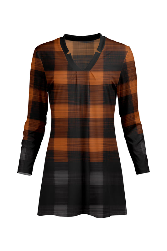 Classic V-Collar Gathered Tunic-Brown Black Plaids