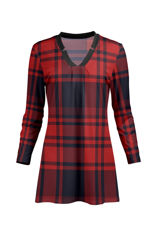 Classic V-Collar Gathered Tunic-Black Red Plaids