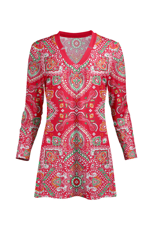 Classic V-Collar Gathered Tunic-Red White Boho
