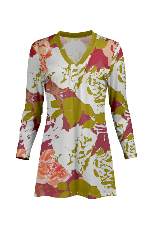 Classic V-Collar Gathered Tunic-Olive Green Multi
