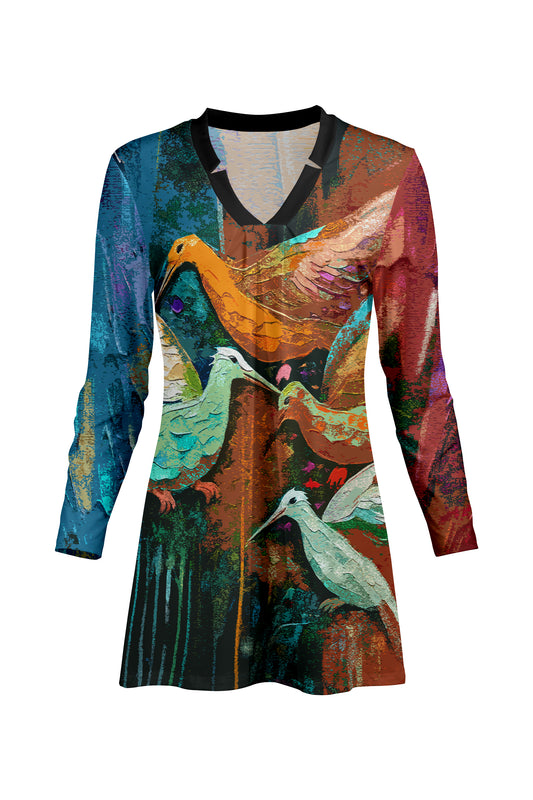Classic V-Collar Gathered Tunic-Teal Green Multi