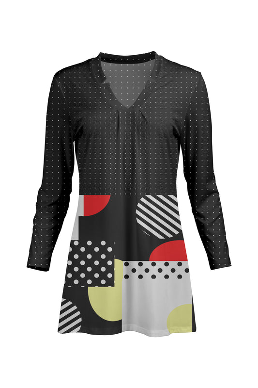 Classic V-Collar Gathered Tunic-Black Multi