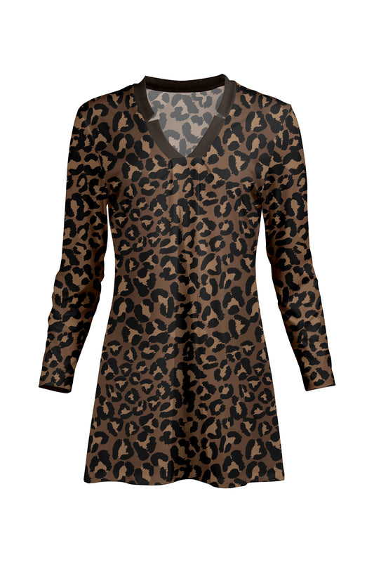 Classic V-Collar Gathered Tunic-Brown Black Animal