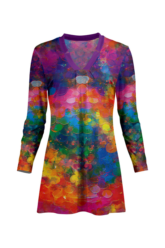 Classic V-Collar Gathered Tunic-Red Multi
