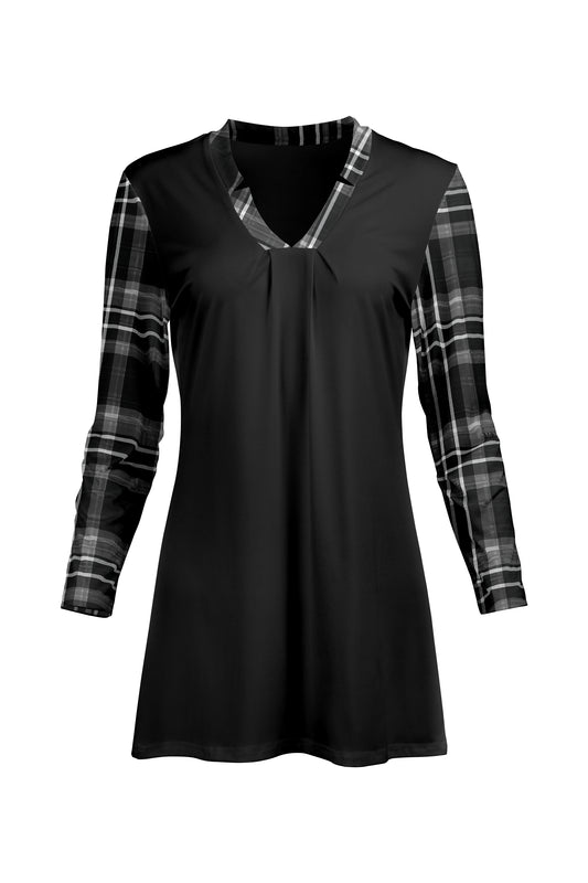 Classic V-Collar Gathered Tunic-Black White Plaids